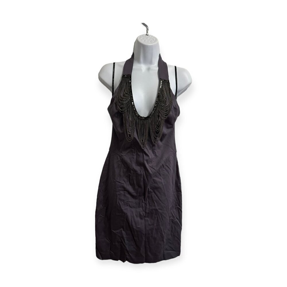 Black Halo Halter Neck Sheath Dress with Chain/Fringe Embellishment , Size 8, wi
